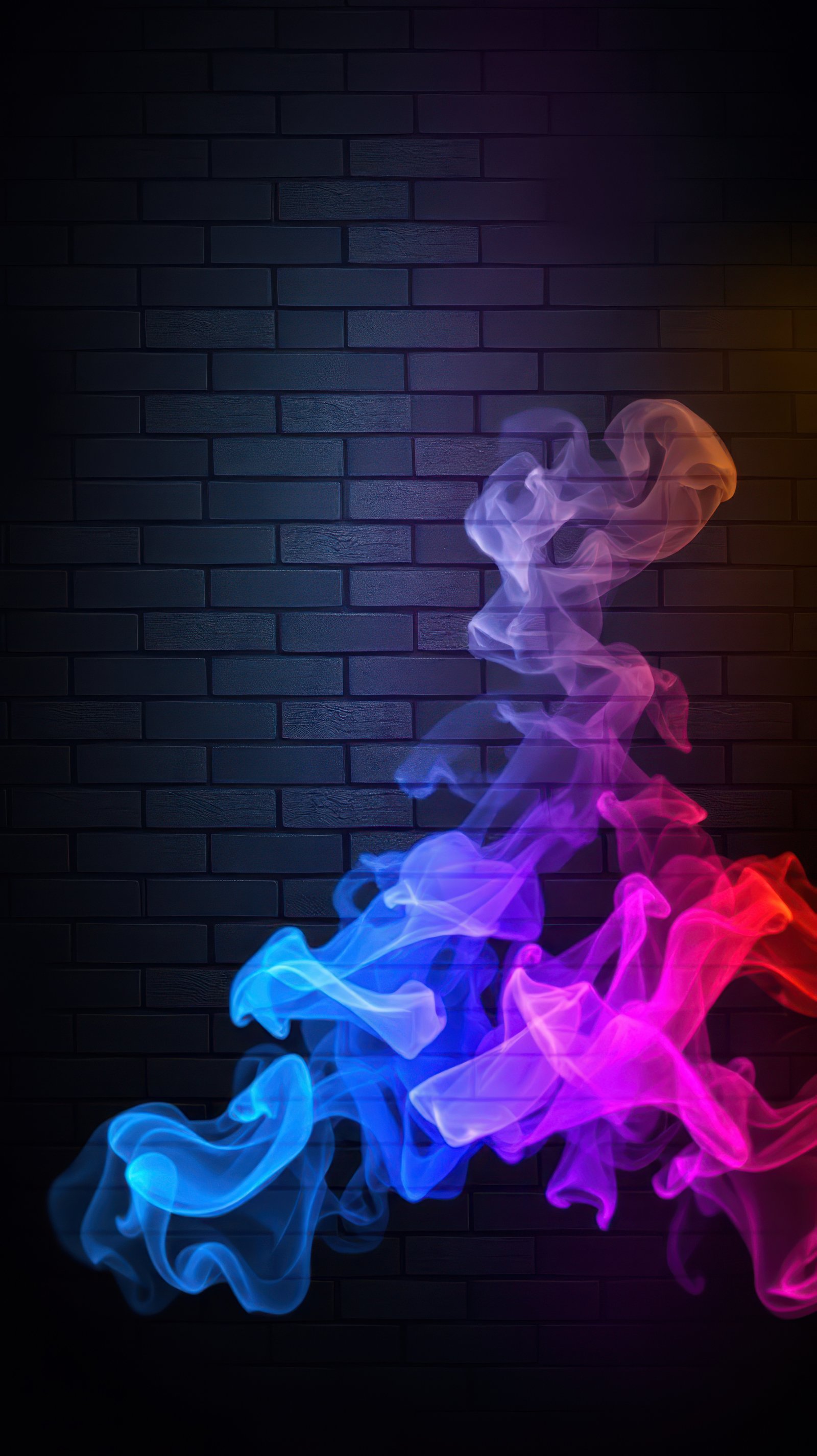Colorful smoke swirls in a dark brick setting showcasing vibrant hues and fluid motion